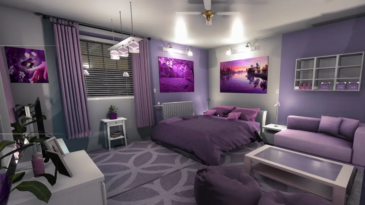 A modern bedroom design in House Flipper featuring a monochromatic purple color scheme with a large bed, sofa, patterned rug, and nature-themed wall art.