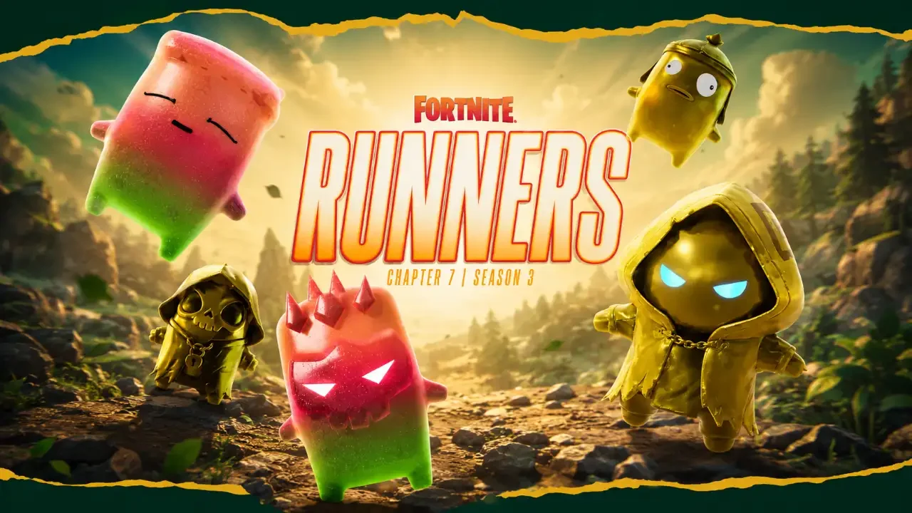 Promotional artwork for Fortnite Runners Chapter 7 Season 3 featuring cute, colorful, and golden bean-like characters in a sunny, mountainous landscape.