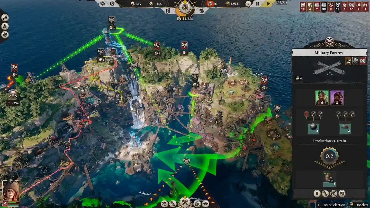 Top-down strategic view of a tropical pirate island in Corsair Cove, showing the Military Fortress management interface and glowing tactical paths across the settlement.