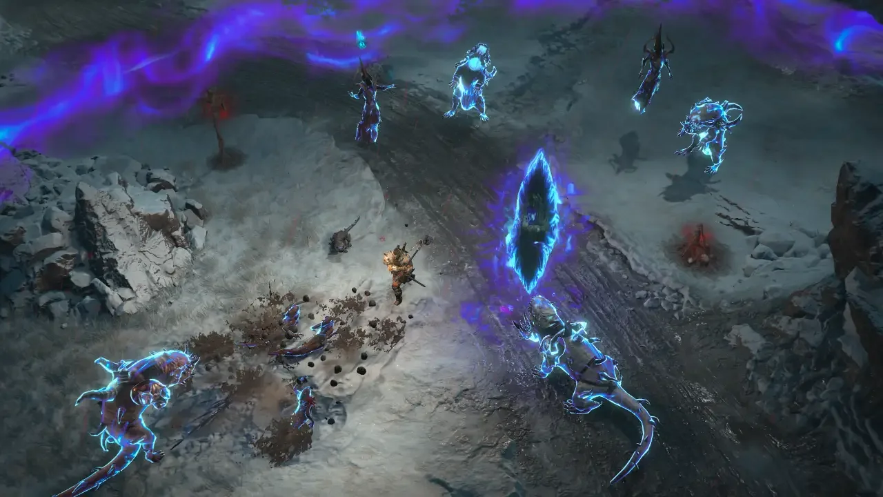 Diablo 4 gameplay screenshot featuring a player character battling glowing blue spectral enemies and a magical purple rift in a snowy environment.