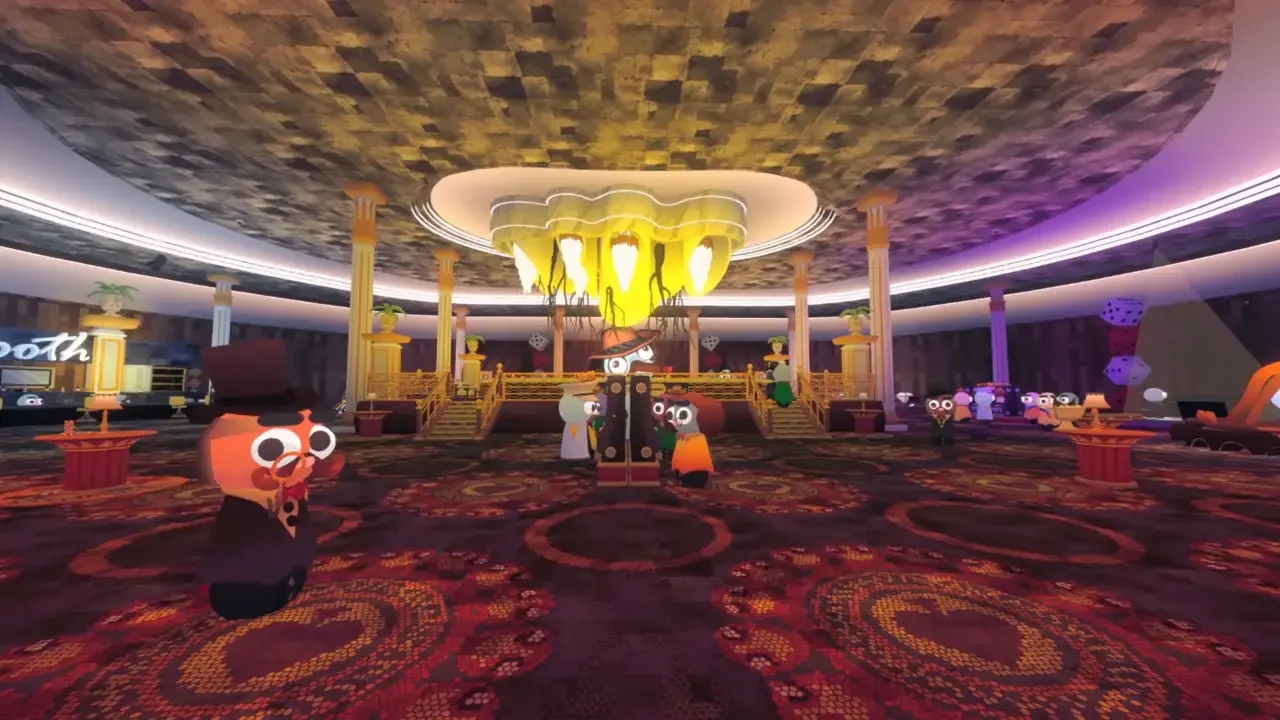 A gameplay screenshot of Gamble With Your Friends showing stylized cartoon avatars in an ornate, low-poly casino lobby with patterned red carpets and a grand golden chandelier.