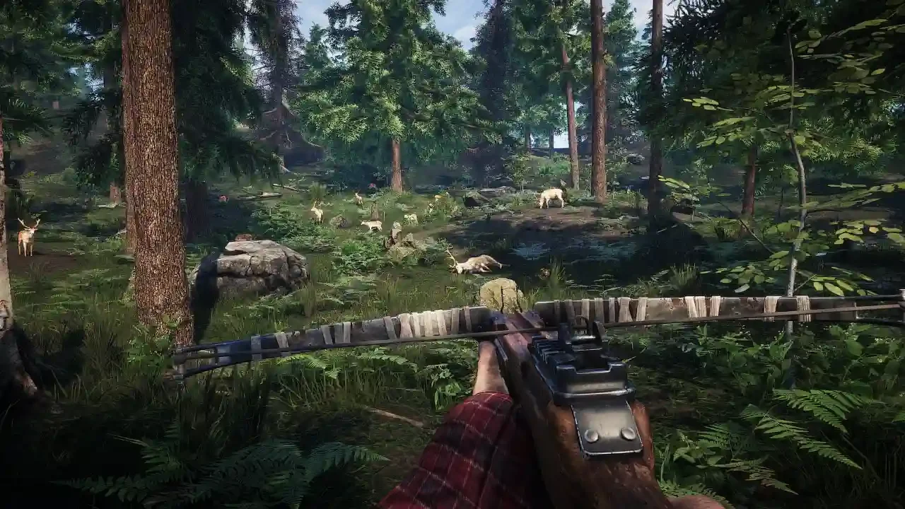 First-person view of a player holding a makeshift crossbow, aiming at a large herd of deer and one felled deer in a dense forest clearing in the survival game Survive the Nights.