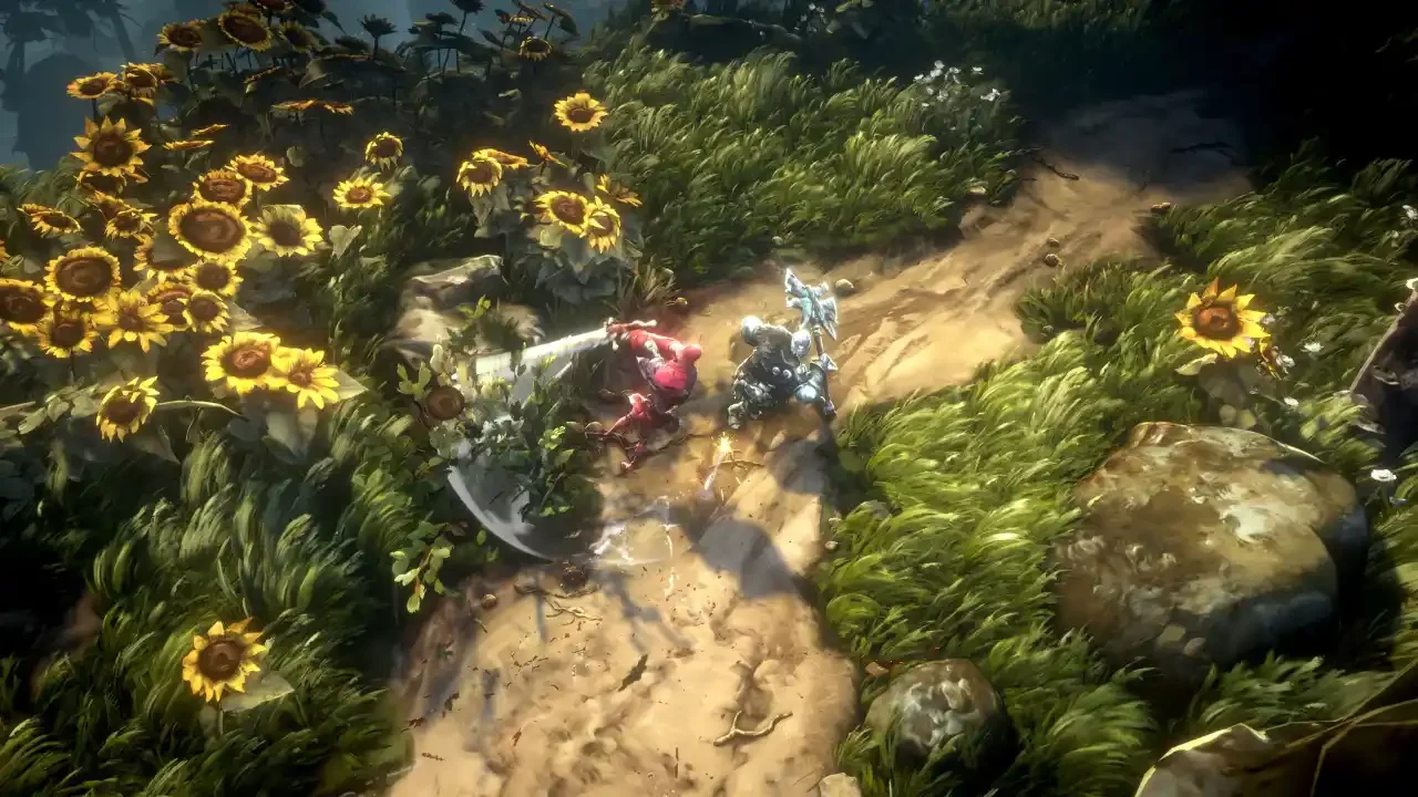 Isometric combat in No Rest for the Wicked featuring a heavily armored warrior wielding a large axe against an enemy on a dirt path surrounded by sunflowers.