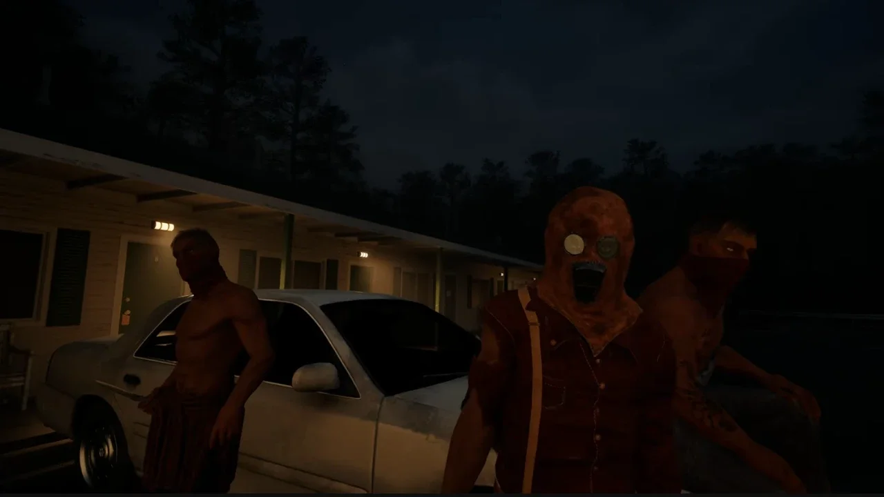 Three masked antagonists, including a figure wearing a disturbing skin-like hood, stand menacingly in a dark motel parking lot in a gameplay screenshot from Welcome to the Game III.