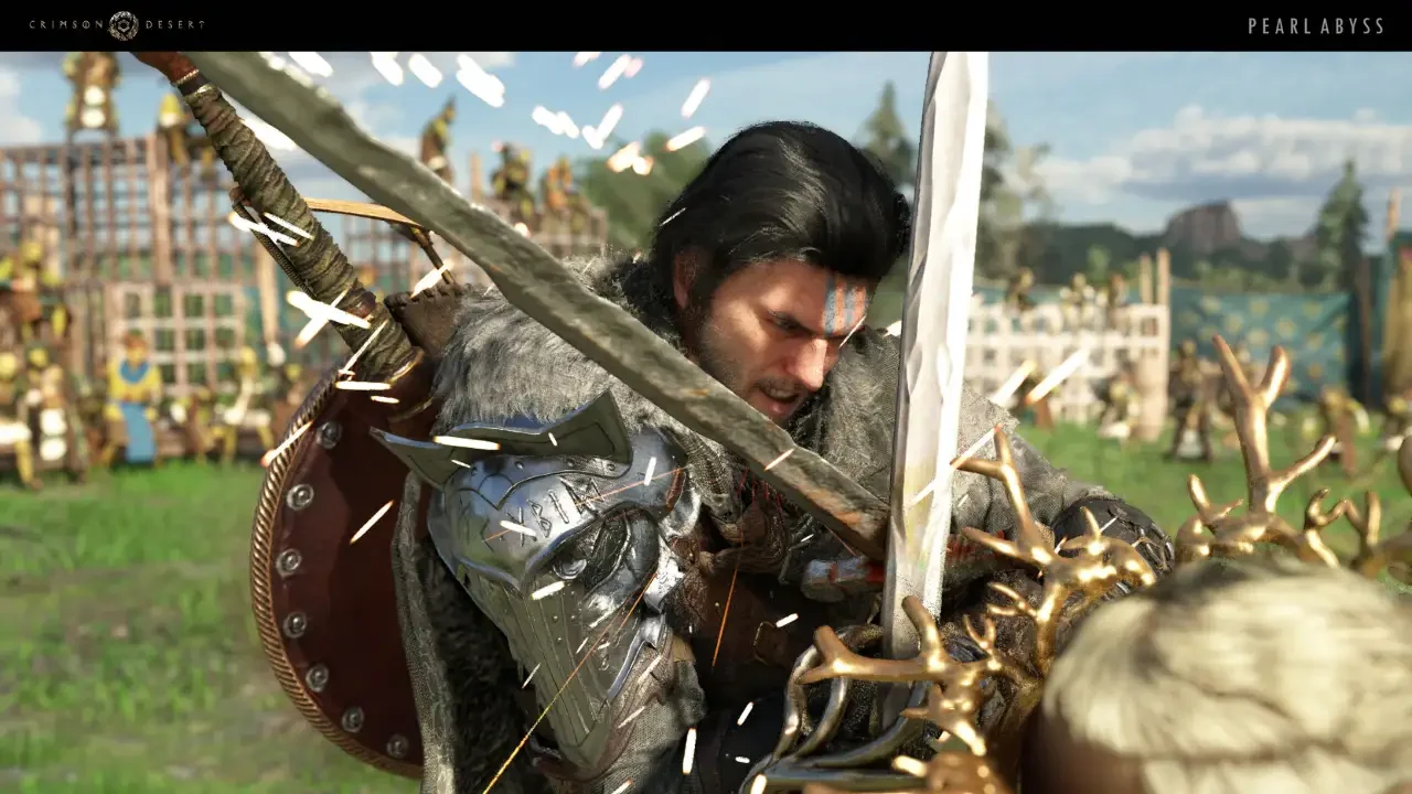 Crimson Desert gameplay screenshot showing the protagonist engaged in intense melee combat with swords clashing and sparks flying.