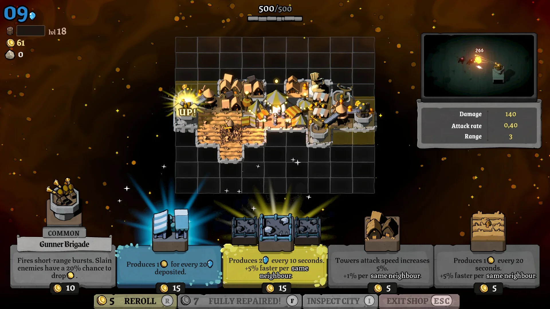A gameplay screenshot from Monsters are Coming! Rock & Road showing a defended city cluster on a grid, an upgrade path selection menu, and a small minimap displaying a tower engaging enemy monsters.