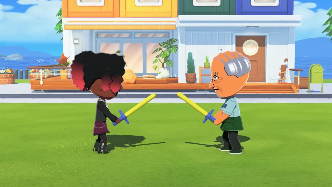 Two Mii characters engage in a toy sword duel on a grassy lawn in front of a colorful apartment building in Tomodachi Life: Living The Dream.