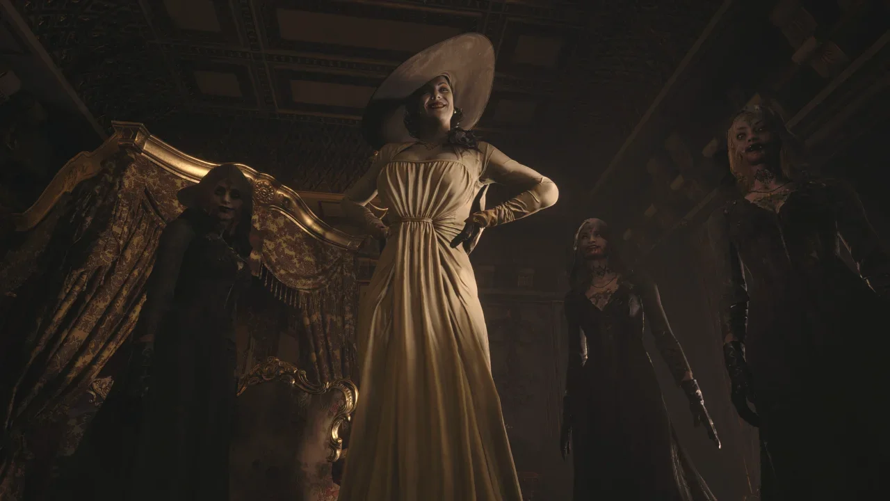 Lady Dimitrescu and her three vampire daughters look down menacingly at the player in a grand, dimly lit room inside Castle Dimitrescu.