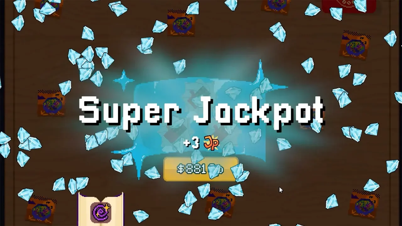 A "Super Jackpot" win screen in the pixel art game Scritchy Scratchy, featuring scattered blue diamonds and a cash prize over scratch-off cards on a wooden table.