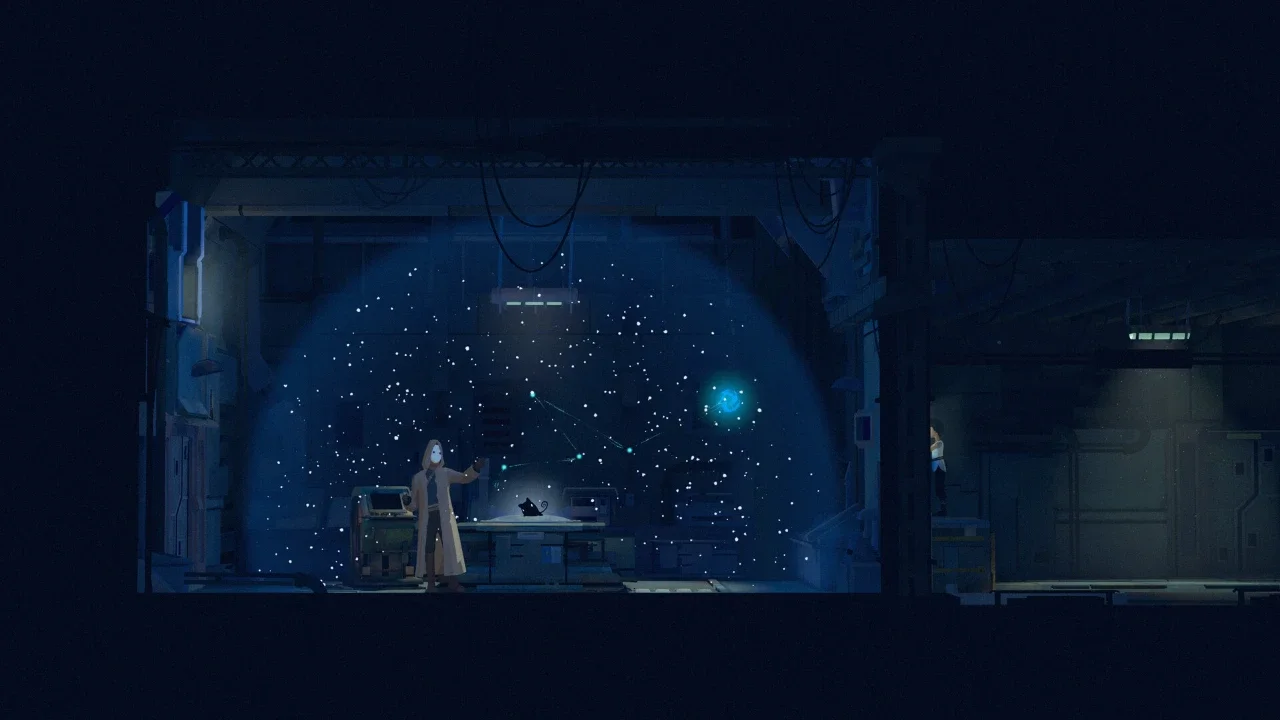 A masked figure and a small black companion stand before a glowing blue holographic star map in a dark, atmospheric industrial lab from Planet of Lana II.