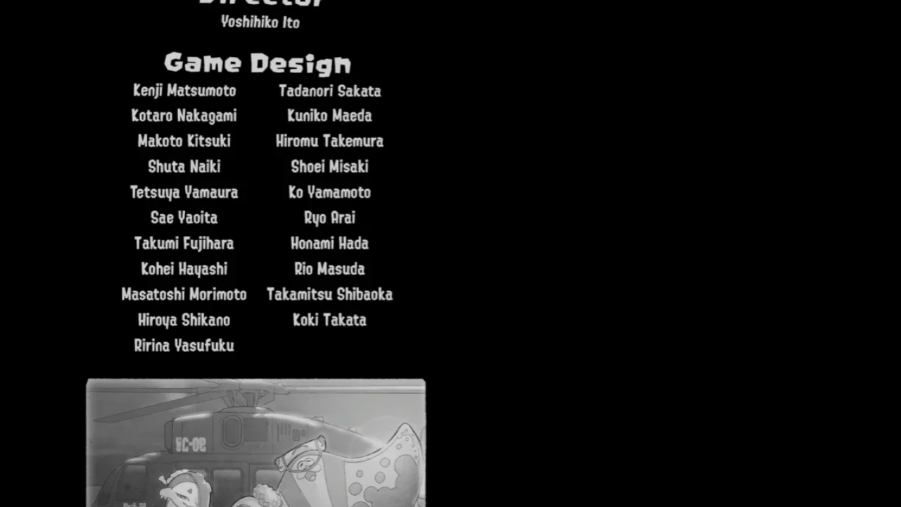 The end credits screen of Splatoon Raiders, displaying a list of Game Design staff names on a black background above a grayscale inset image of characters standing in front of a helicopter.