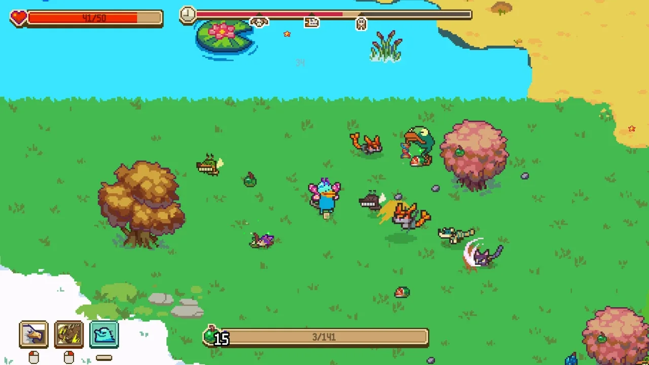 Top-down pixel art gameplay of Everything is Crab: The Animal Evolution Roguelite showing a blue creature battling hybrid animal enemies in a grassy field next to a pond.