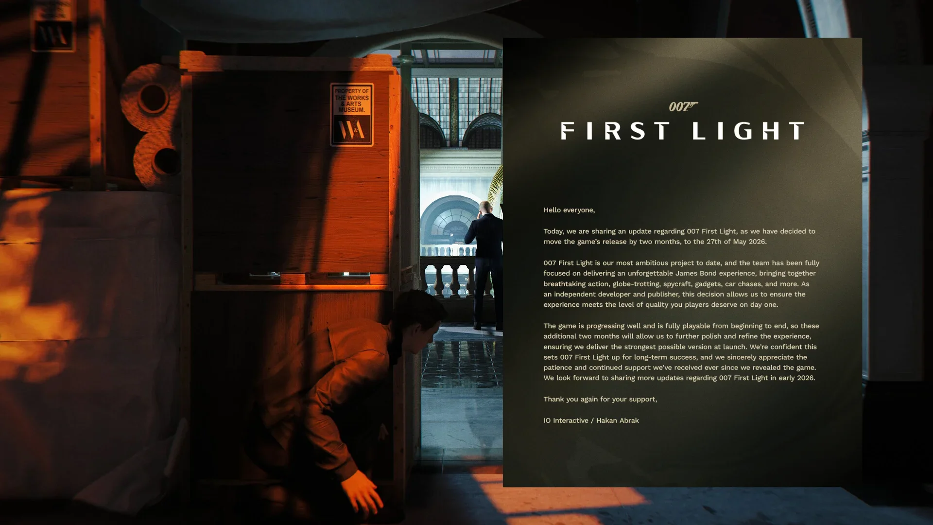 A stealth gameplay screenshot from 007 First Light Delayed to May 27, 2026, featuring a crouching player character hiding behind wooden crates, observing a suited guard standing in a brightly lit, lavish museum hall.