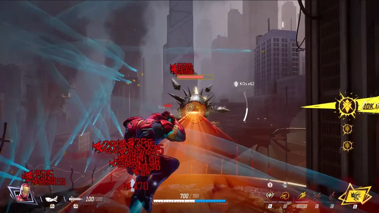 Iron Man fires a powerful Unibeam energy blast at an enemy in a futuristic cityscape during a Marvel Rivals gameplay match.