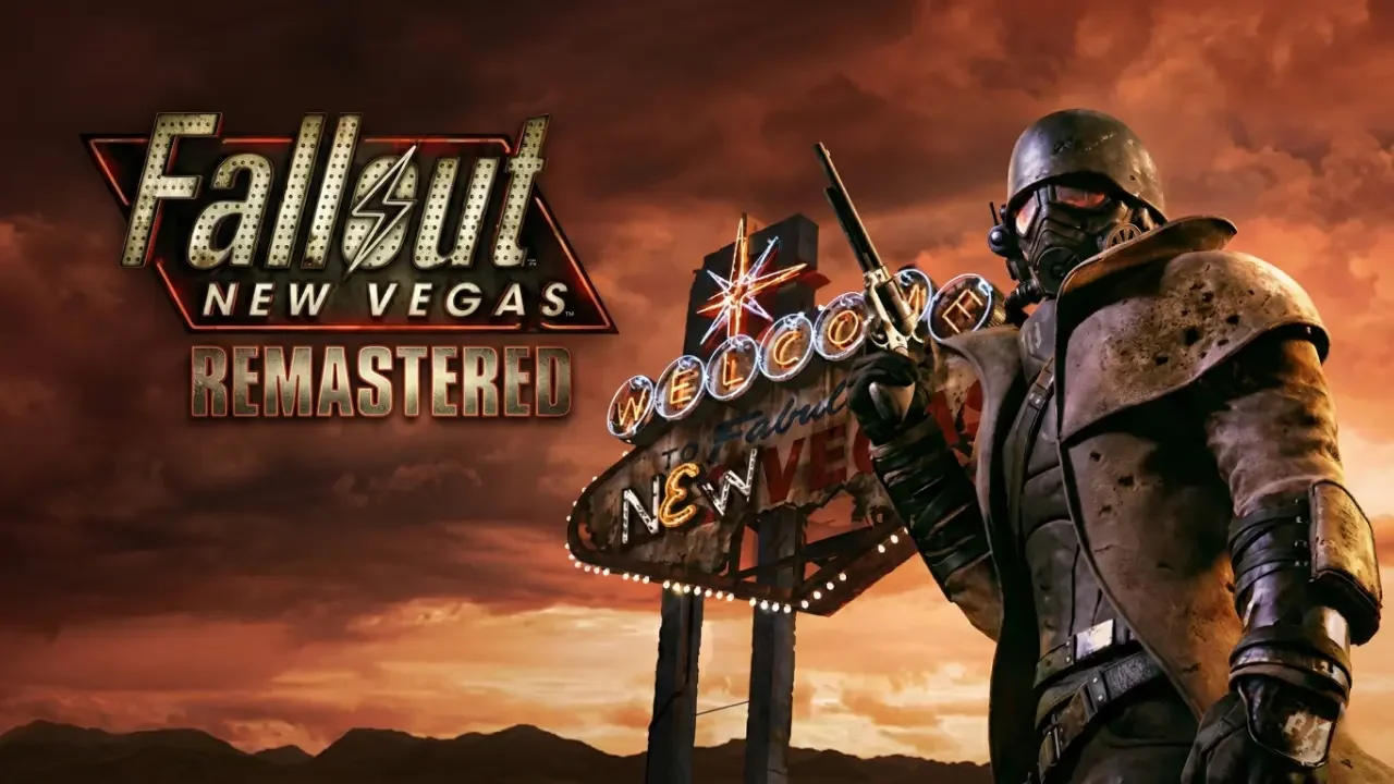 Fallout New Vegas Remastered logo overlaying a desert ranger holding a revolver near the Welcome to Fabulous Las Vegas sign at sunset.
