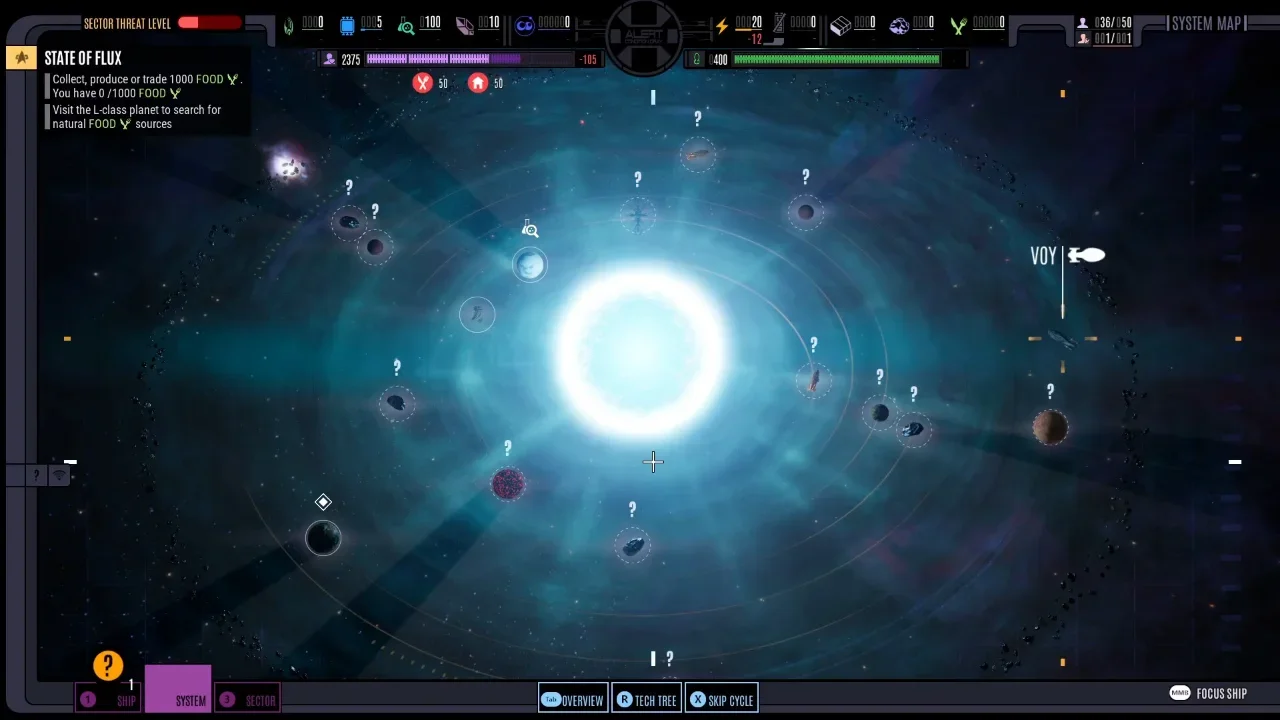 Star Trek Voyager: Across The Unknown system map screenshot featuring a bright blue star, orbiting planets, the USS Voyager ship, and a 'State of Flux' quest for food resources, highlighting strategic space exploration gameplay.