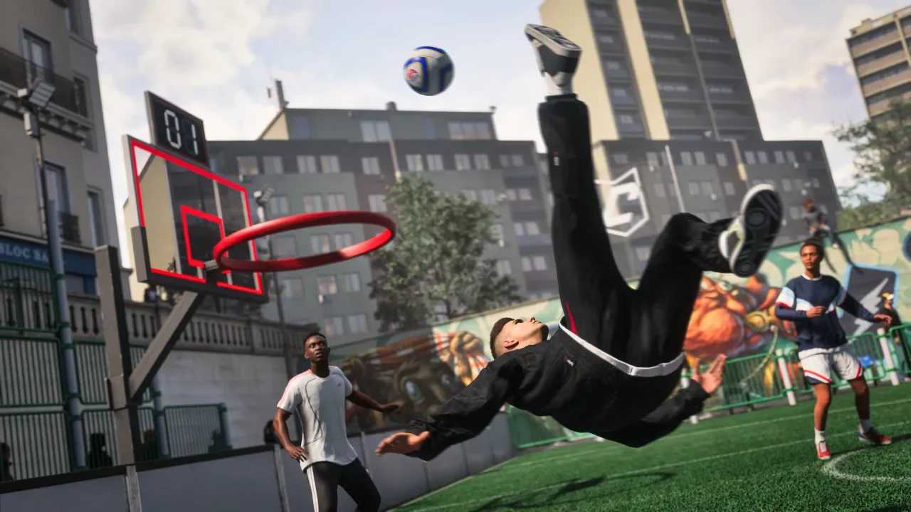 Gameplay screenshot of EA SPORTS FC™ 27 featuring an acrobatic bicycle kick during a street football match on an urban court with city buildings in the background.