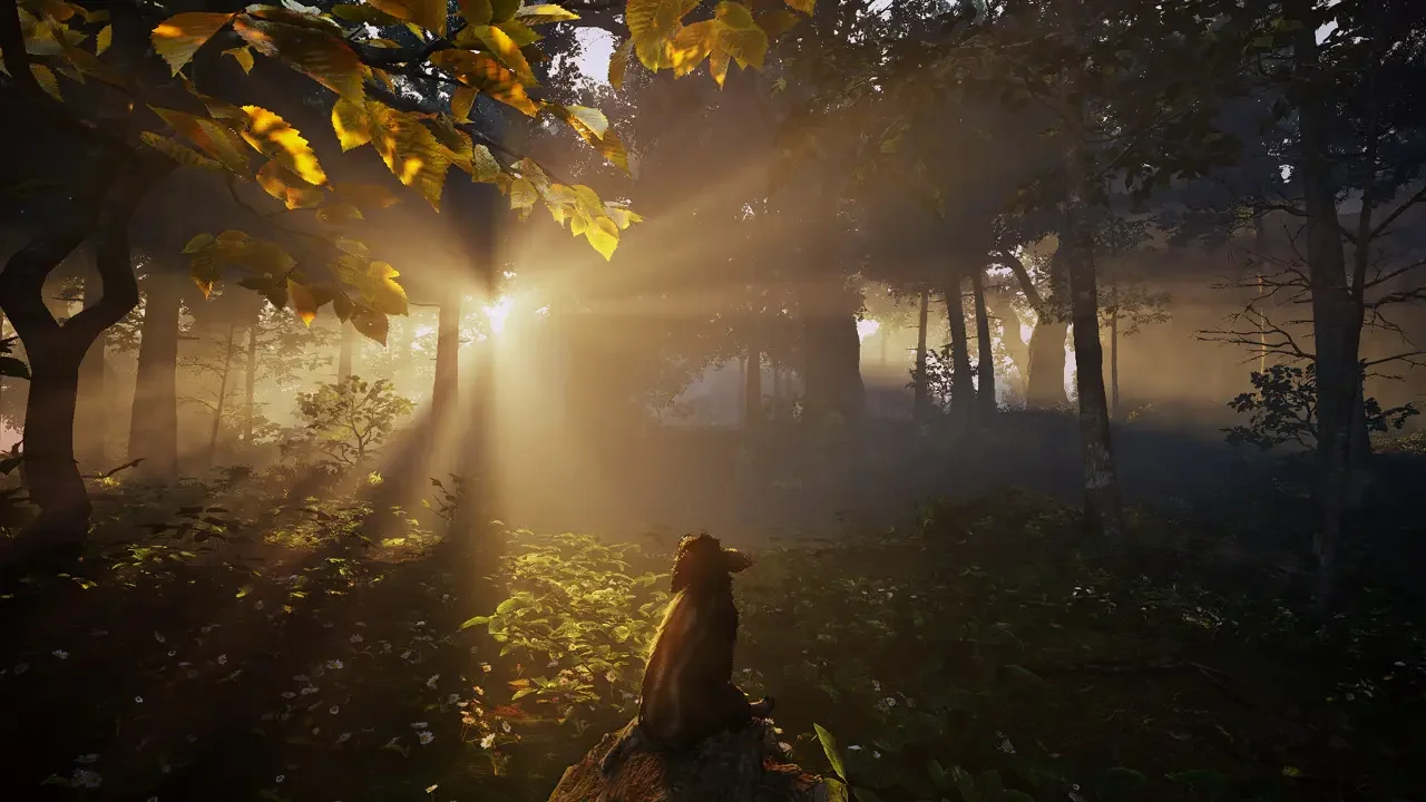 A small creature sits on a log in a misty, sun-drenched forest with dramatic golden sunbeams in the game Adorable Adventures.