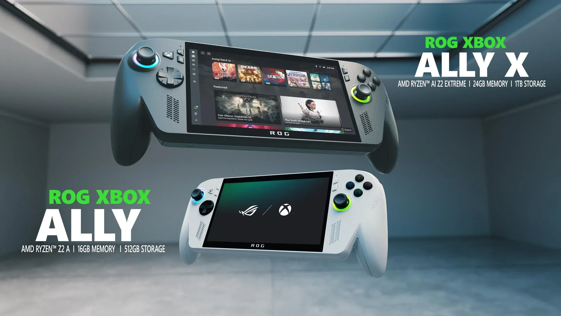 The gray ROG Ally X handheld gaming PC displayed above the white ROG Ally, contrasting their technical specifications.