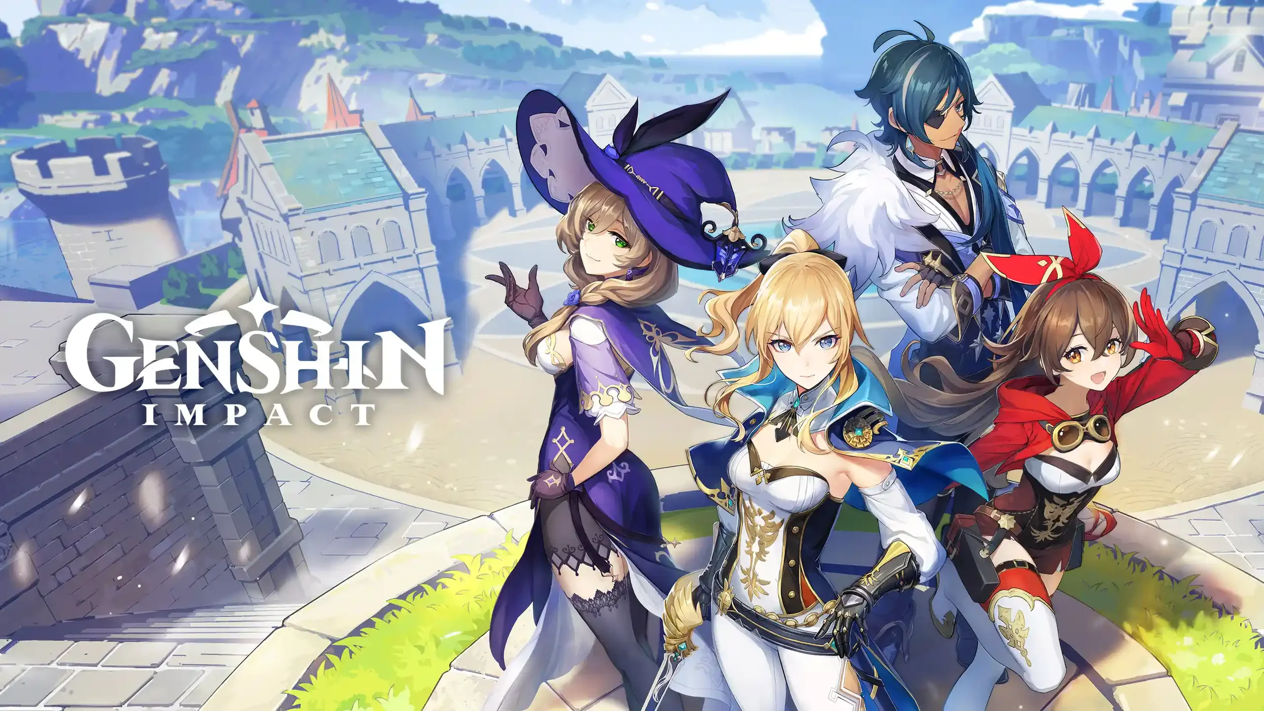An official artwork for Genshin Impact featuring the characters Lisa, Jean, Kaeya, and Amber standing together on a balcony overlooking the city of Mondstadt.