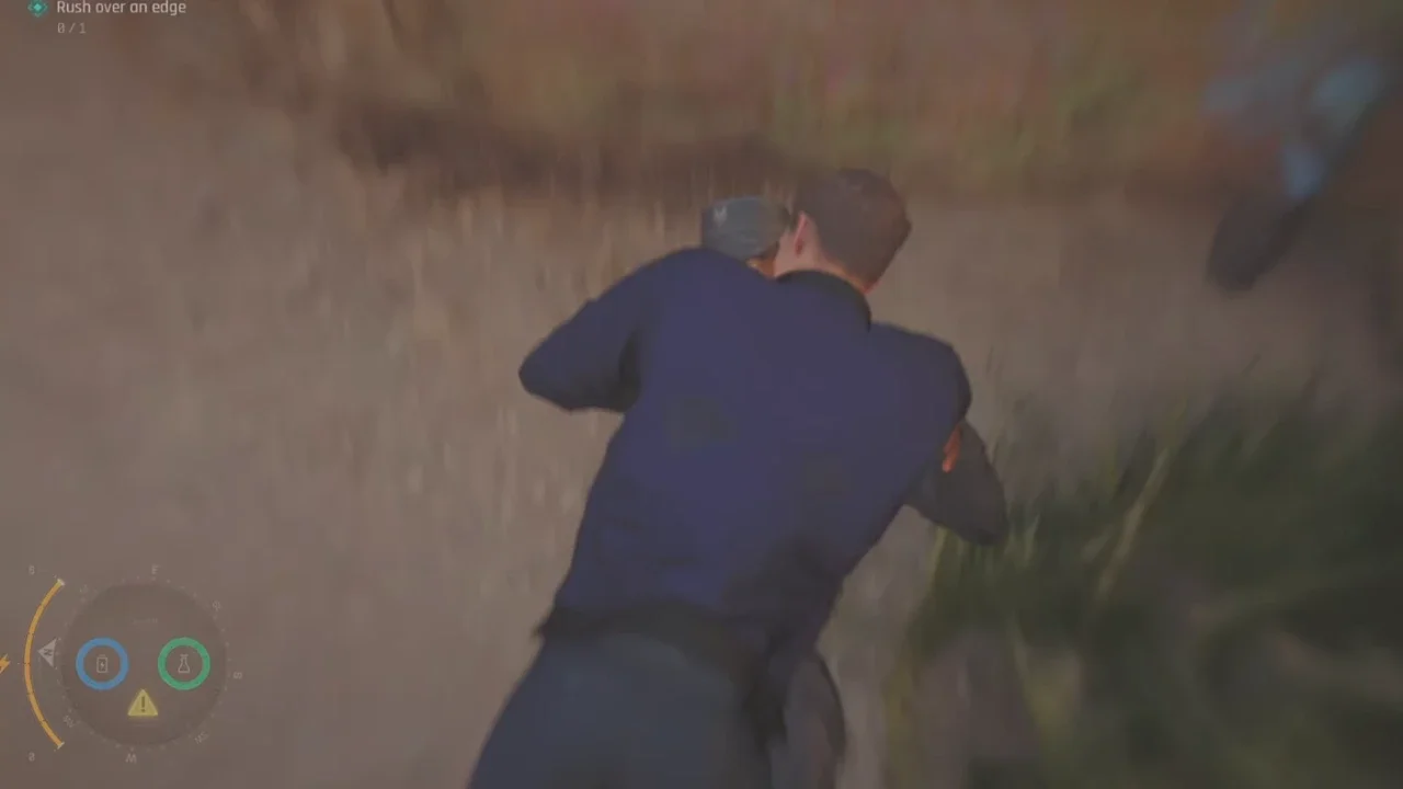 Gameplay screenshot from First Light featuring a character in a blue uniform sprinting with motion blur and a HUD objective to rush over an edge.