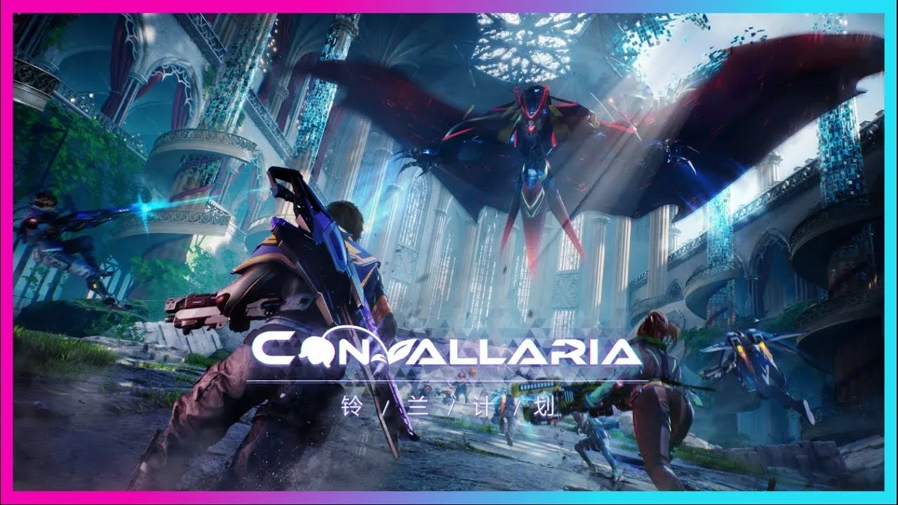 CGI image of the game Convallaria showing soldiers fighting a large mechanical dragon inside a ruined, futuristic cathedral environment.
