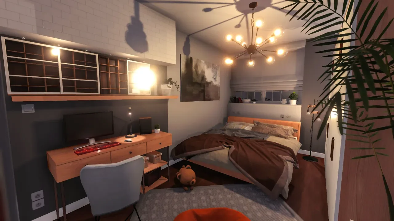 A cozy and modern bedroom renovation in House Flipper featuring a wooden desk with a computer, a bed with warm brown linens, and a stylish sputnik chandelier.