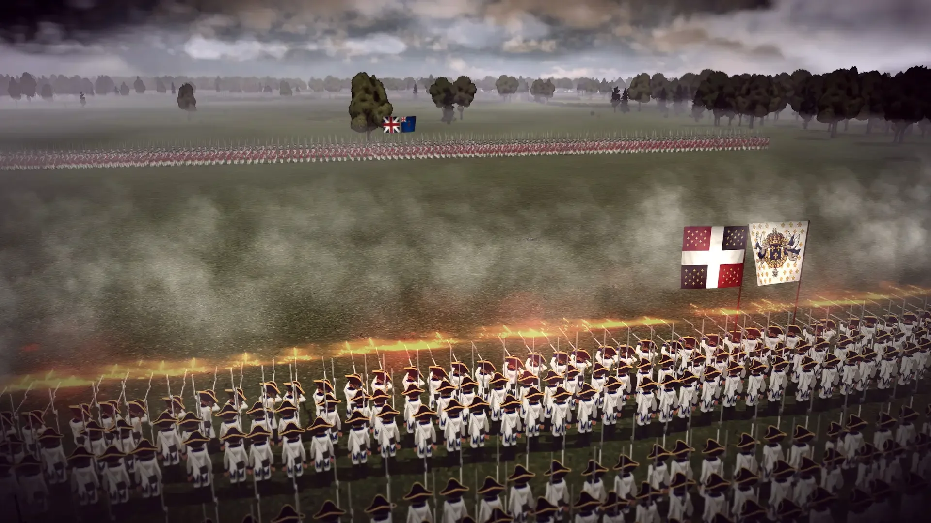 A screenshot from Master of Command depicting a dramatic line battle. Soldiers in white uniforms fire a volley across a misty field at distant red-coated infantry, with large flags waving above the firing line.