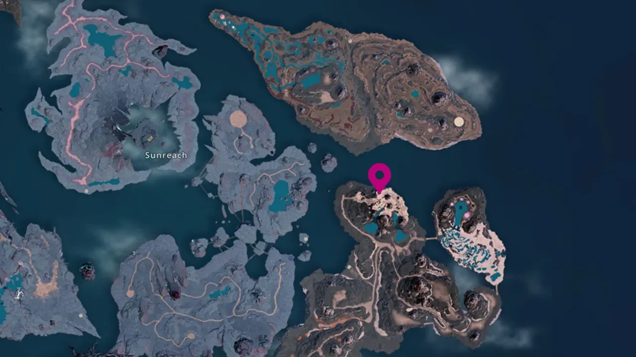 An in-game world map screenshot from Palworld 1.0, showing a pink location pin on Sakurajima island with the Sunreach region visible to the left.