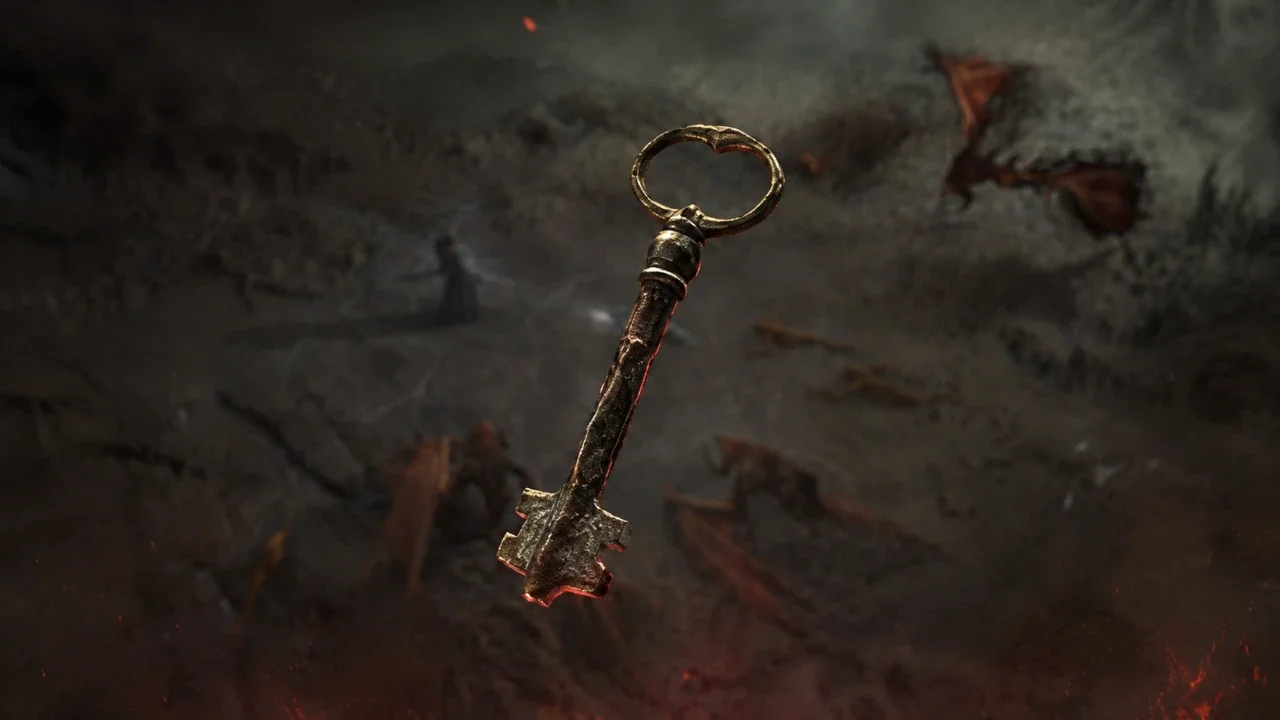 An ornate golden Lair Key floating against a dark, blurred Diablo 4 combat background featuring monsters.