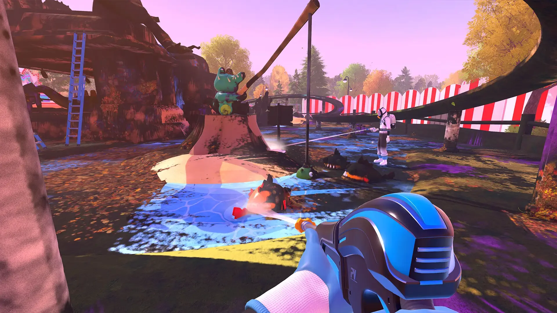 A vibrant gameplay screenshot from PowerWash Simulator 2 showing the player power washing grime off a dirty, pufferfish-shaped target in a stylized, overgrown amusement park setting, with clean blue patches visible on the ground.