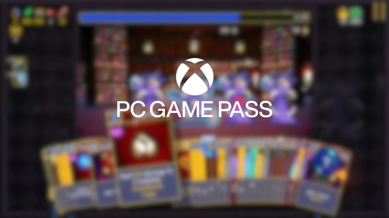 Blurred gameplay screenshot of the deck-building roguelike Vampire Crawlers with an Xbox PC Game Pass logo overlay.