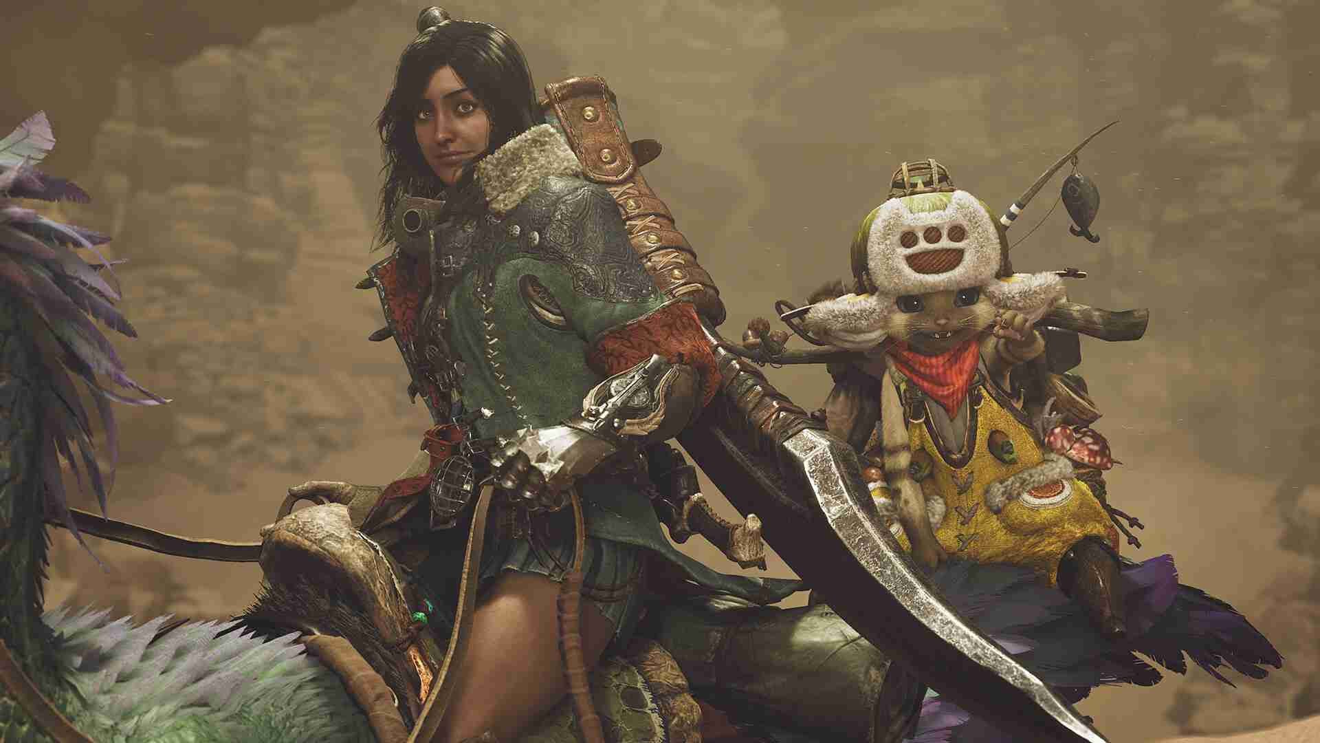 An armored female Hunter and her Palico companion ride a large feathered mount through a rocky, arid landscape in Monster Hunter Wilds. The Hunter wields a massive sword, and the Palico wears a distinctive furry hat.
