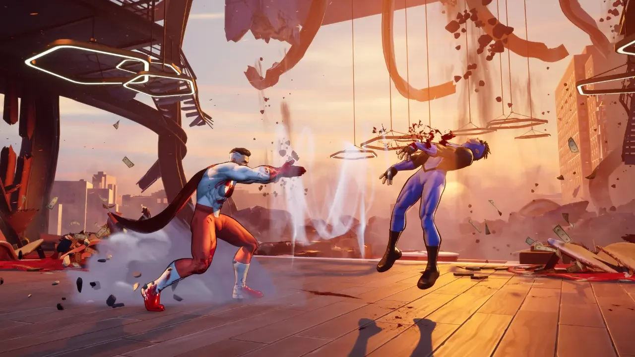 Omni-Man delivers a powerful shockwave punch to Mark Grayson in a destructible high-rise environment in this gameplay screenshot from the fighting game Invincible VS.