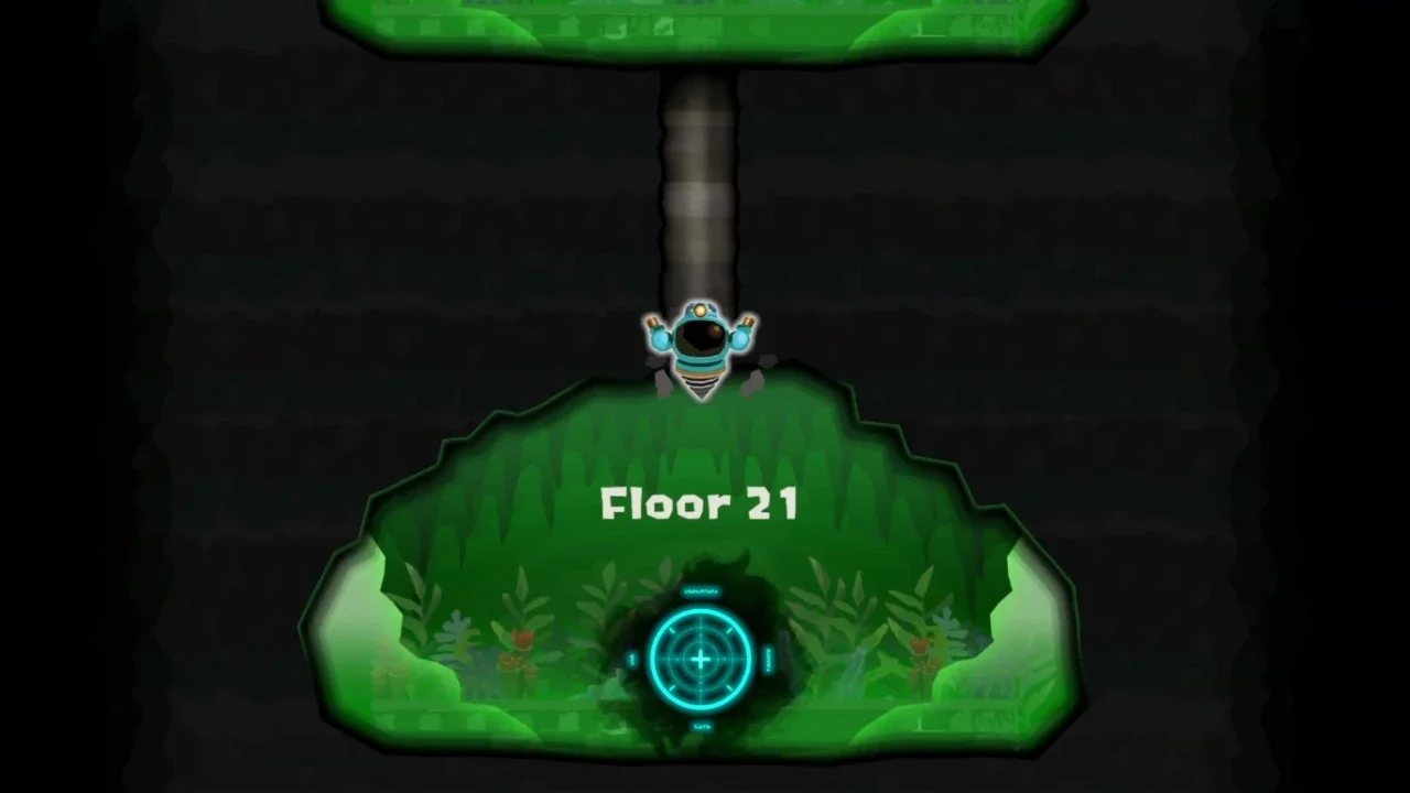 A gameplay screenshot of Splatoon Raiders showing a small drilling robot character arriving at Floor 21 in a green-lit underground cavern.