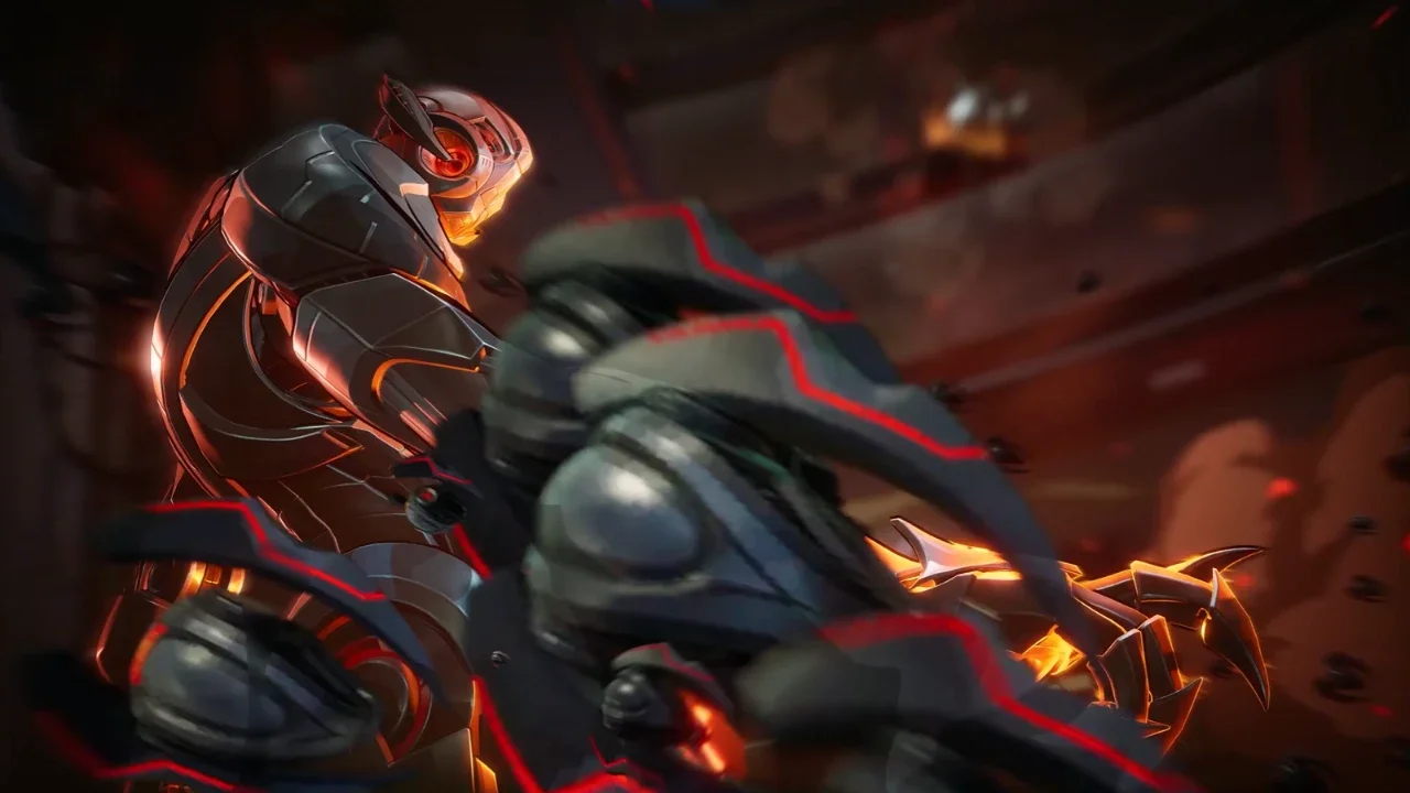 Cinematic gameplay screenshot of Ultron in Marvel Rivals, highlighting the character's sleek metallic armor and glowing red energy accents.