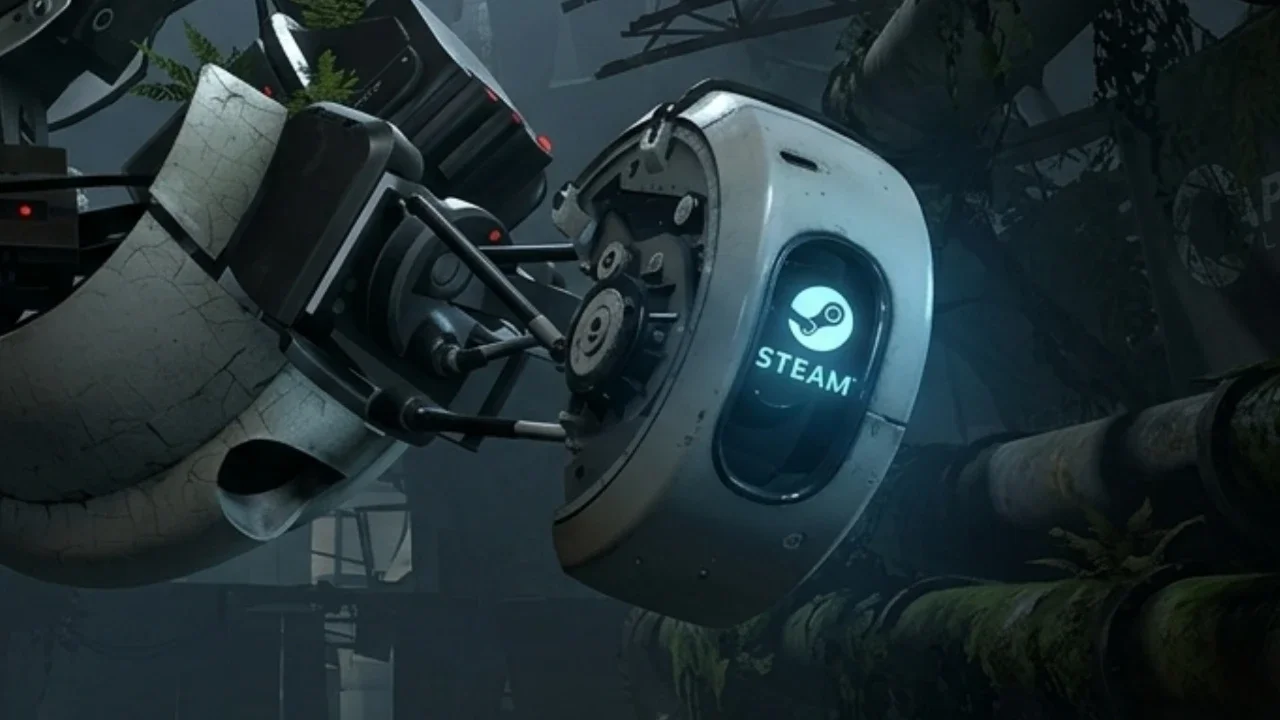A close-up of GLaDOS from the game Steam featuring the glowing Steam logo on her ocular sensor in a dark, overgrown industrial environment.