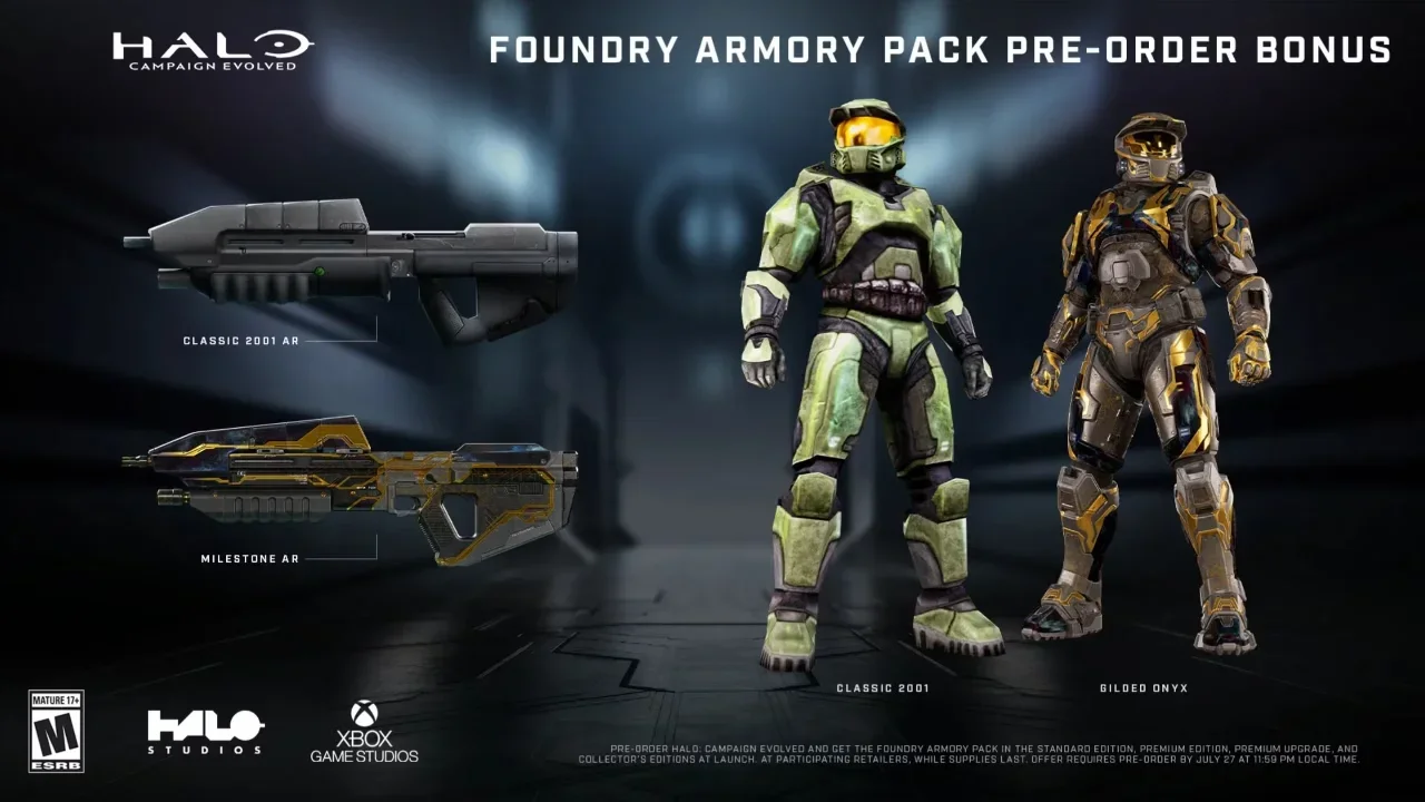 Promotional graphic for Halo Campaign Evolved showcasing the Foundry Armory Pack pre-order bonus, featuring the Classic 2001 and Gilded Onyx armor sets alongside the Milestone and Classic 2001 Assault Rifles.