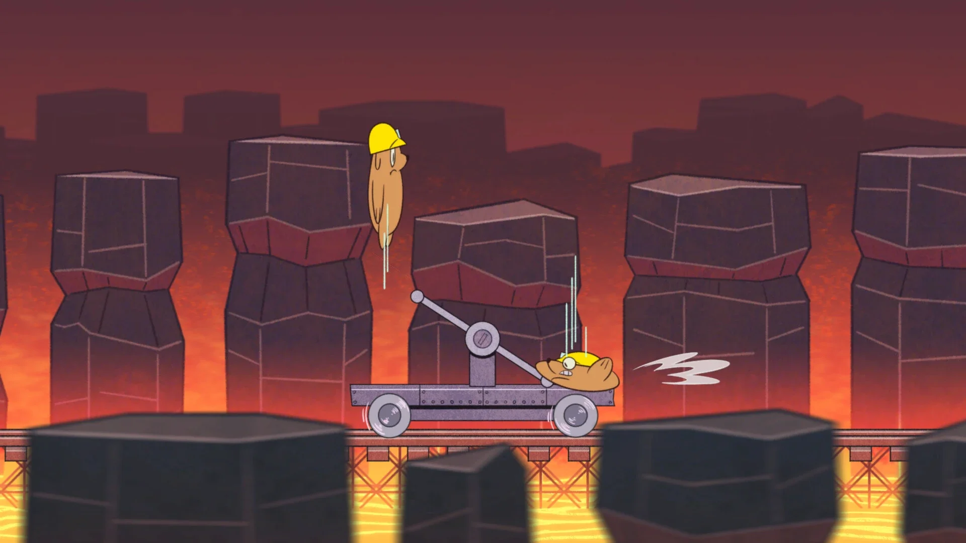 A dynamic screenshot from Bits & Bops showing two hard-hat wearing characters in a fiery forge environment, as one is launched high into the air from a catapult mine cart.