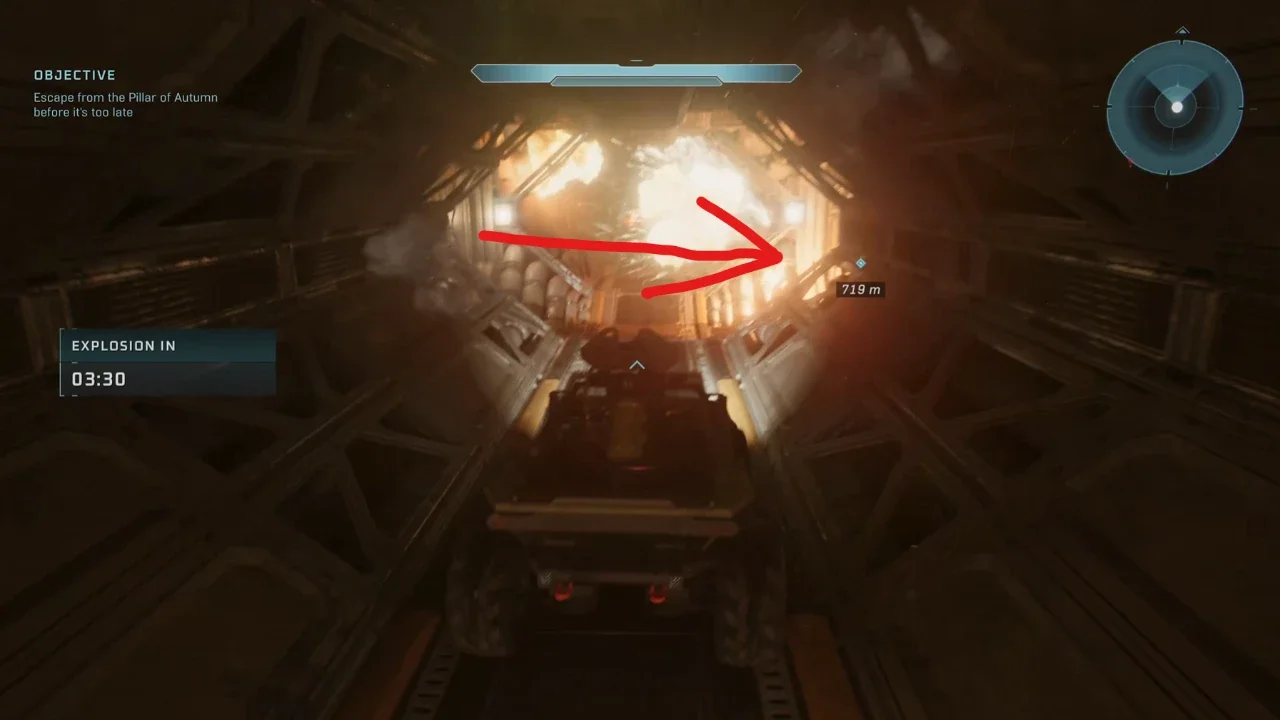 Halo: Campaign Evolved gameplay showing a Warthog driving through a fiery industrial corridor during the timed escape from the Pillar of Autumn.