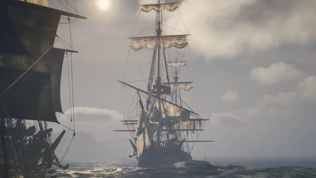 A large sailing ship with tattered sails navigates a misty, sunlit ocean in the game Windrose.