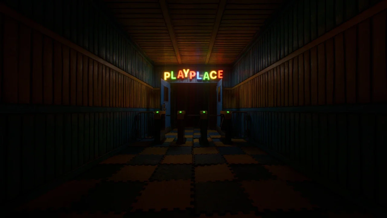 An eerie, dimly lit corridor in the game Subliminal featuring a checkered foam floor leading to a colorful neon "PLAYPLACE" sign above a dark entrance with turnstiles.