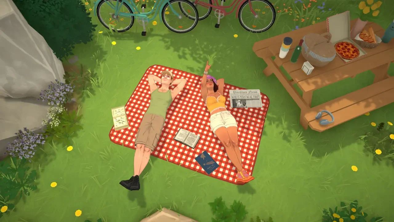 Two Parafolks relax on a red checkered picnic blanket in a lush green park in the life simulation game Paralives, featuring bicycles and a picnic table with snacks.