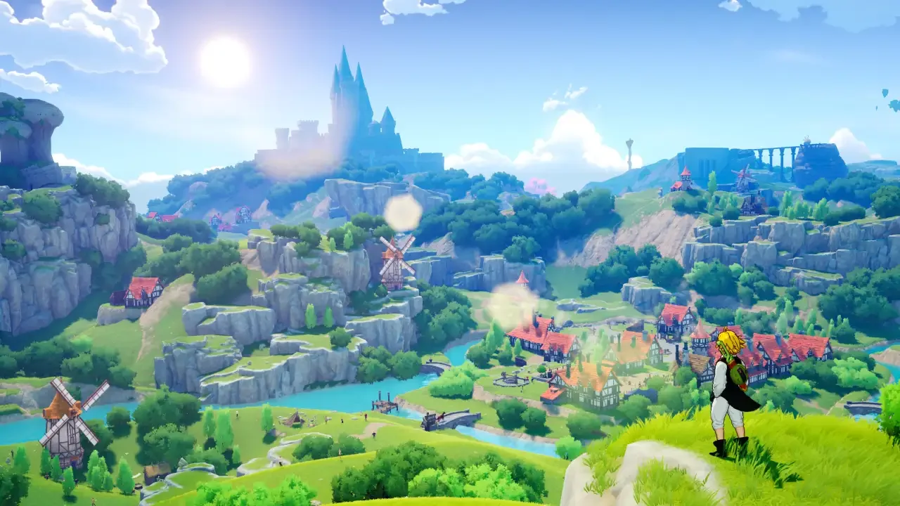 Meliodas overlooks the vibrant open-world landscape of The Seven Deadly Sins: Origin, featuring a lush green valley with a village, windmills, and a distant castle.