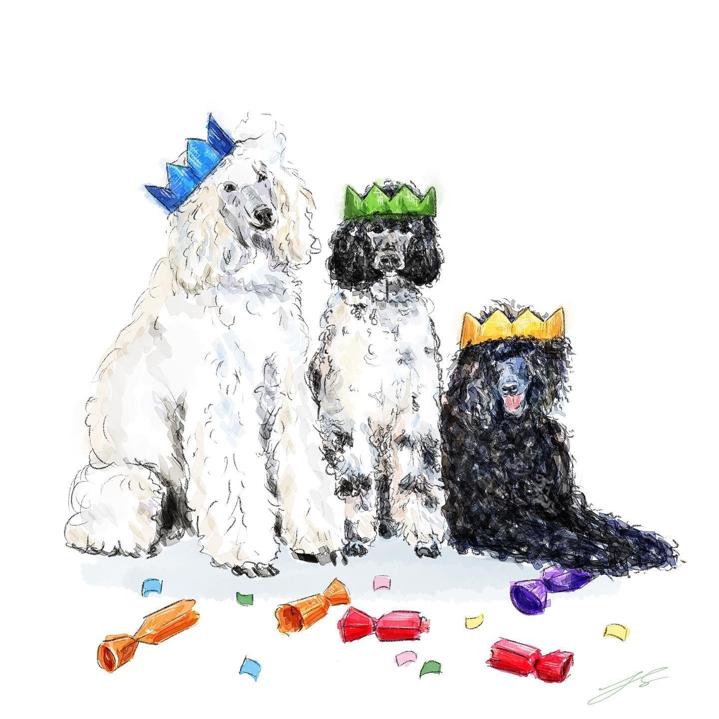 This year&rsquo;s festive card design, featuring the fabulous @rio_venice_chile_thepoodles 

Look at their faces! 🤍🩶🖤

Send me a message or check out my website for purchasing

#artyismymiddlename #petportraitartist #artworks_portrait #christmasgi
