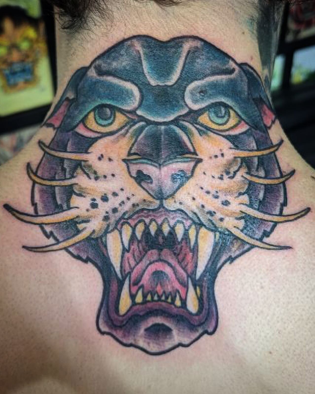 Finally can share the panther head tattoo I did on Luke&rsquo;s neck! Thanks to @belandluke for being a badass and to trust. Healed photos as well.  @shamrocktattoocompany. #pantherheadtattoo #pantherhead #panther #bust #bigcat #cathead #tattooart #c