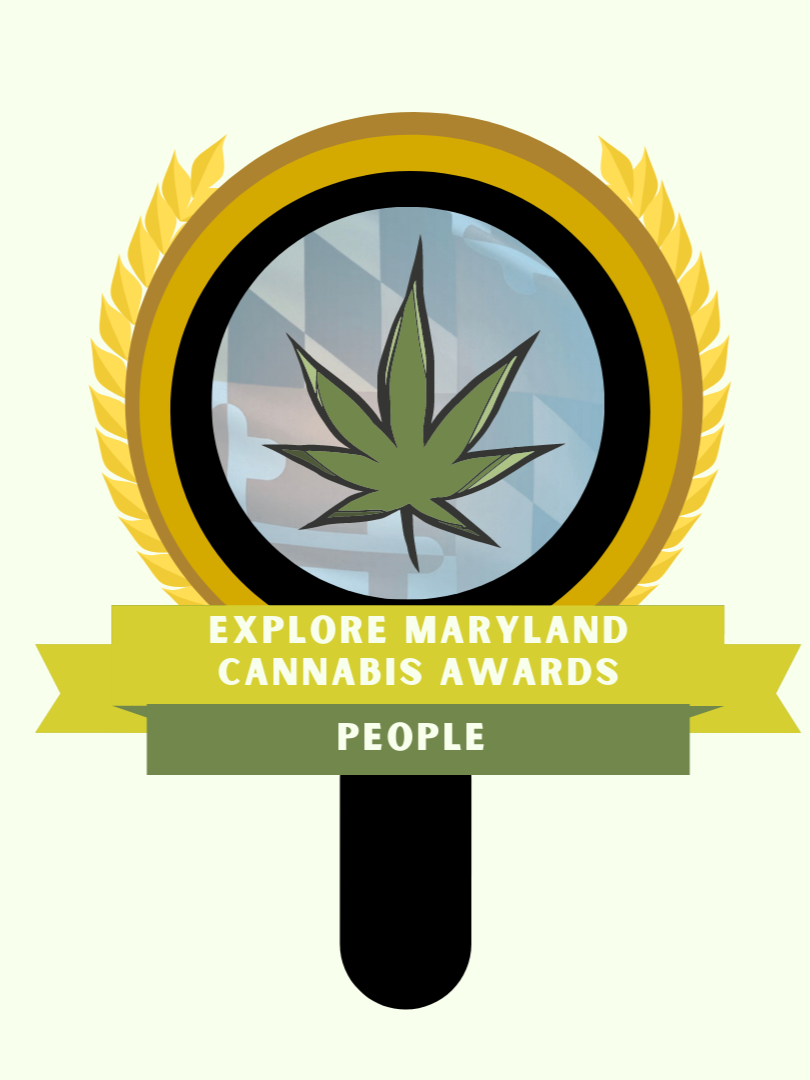 Logo for Explore Maryland Cannabis Awards featuring a marijuana leaf inside a lollipop shape with a gold and black border and a green banner with white text that reads 'Explore Maryland Cannabis Awards People.'
