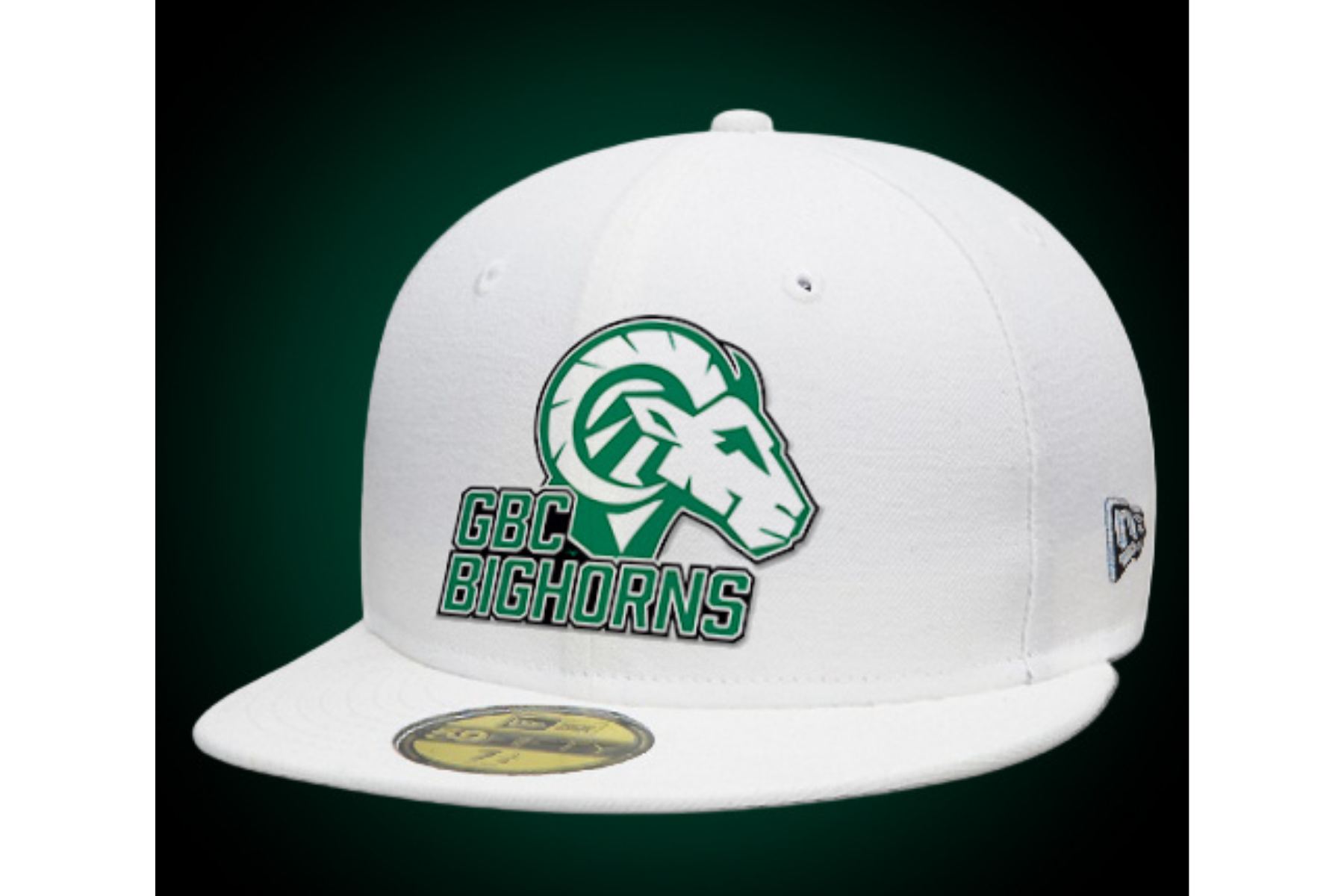 A white snapback hat with the GBC Bighorns logo featuring a stylized ram's head and the team name in green and black on the front.