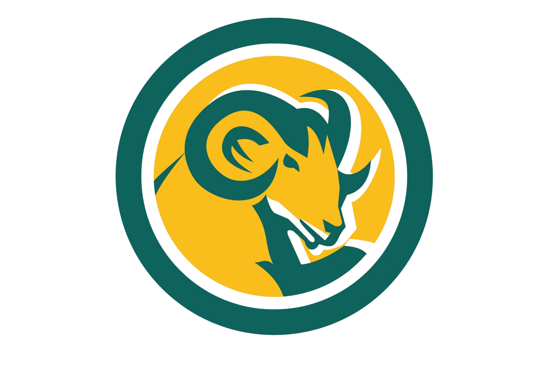 A stylized logo featuring a ram's head in yellow and dark green colors, enclosed within a circular border.
