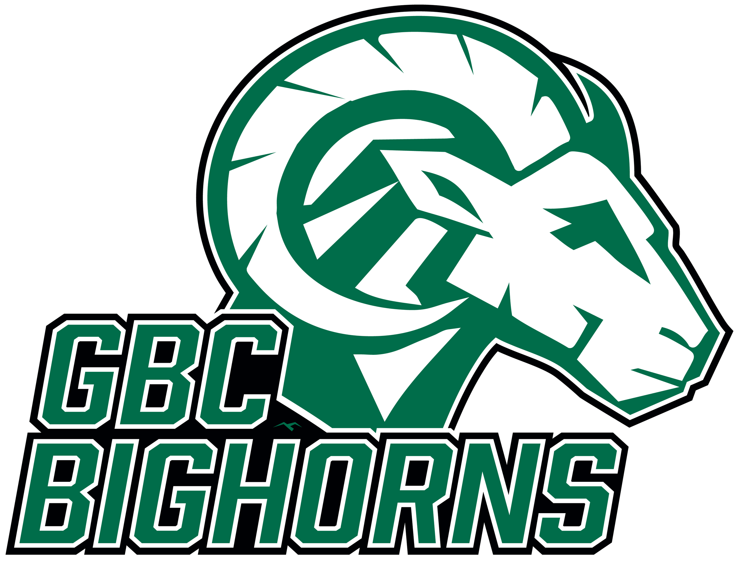 Green and white logo of GBC Bighorns featuring a stylized bighorn sheep and text.
